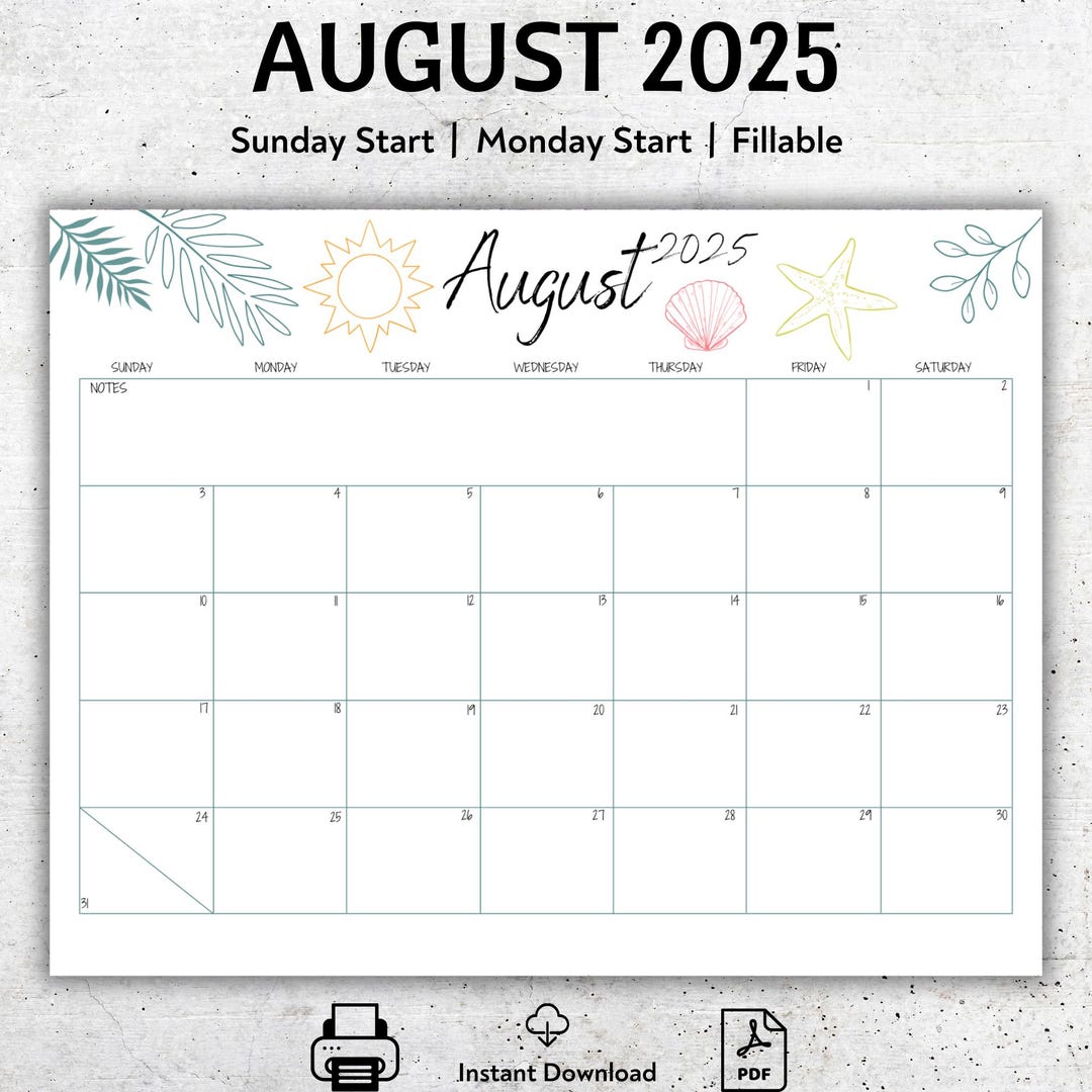 August 2025 Calendar Printable, Minimalist Beach Design, Editable PDF Template, Sunday or Monday Start, Instant Download - Etsy august-2025-monthly-calendar-pdf-word-excel