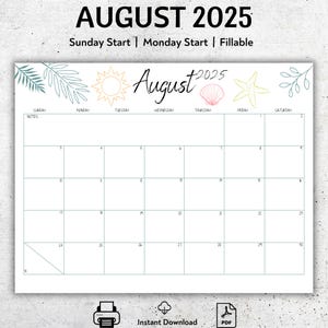 August 2025 Calendar Printable, Minimalist Beach Design, Editable PDF Template, Sunday or Monday Start, Instant Download