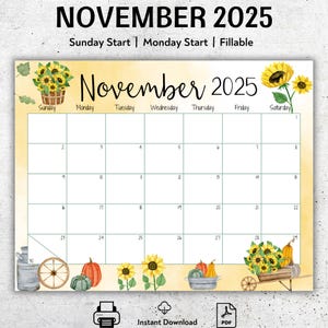 Druckbarer Kalender für November 2025, November Planer, befüllbarer Kalender, Monatsplaner für Kinder, Kalender für Frauen, schöne Sonnenblumen