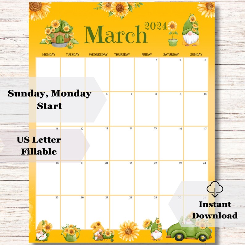 EDITABLE March 2024 Calendar, College Planner, Fillable Calendar, Cute