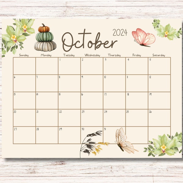 EDITIERBARER Kalender Oktober 2024, schöne Kürbisse, bunte Blumen, stilvoll und einfach, ausdruckbar, ausfüllbarer Planer, Wochenplan, PDF