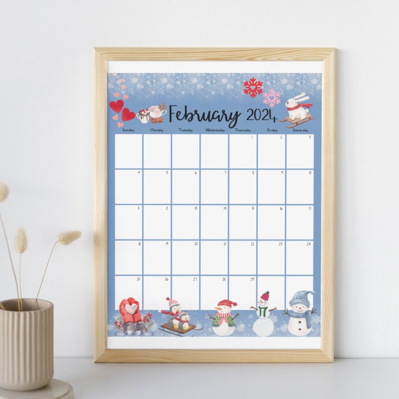 EDITABLE February 2024 Calendar, Beautiful Winter, Snowman and Penguins