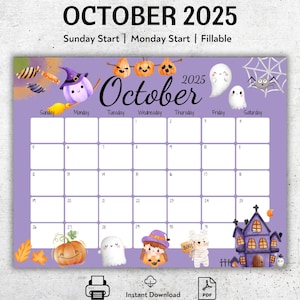 EDITABLE October 2025 Calendar, Happy Halloween, Pretty Ghost, Cute Pumpkins, Printable, Fillable Planner, Kids Weekly Schedule, PDF