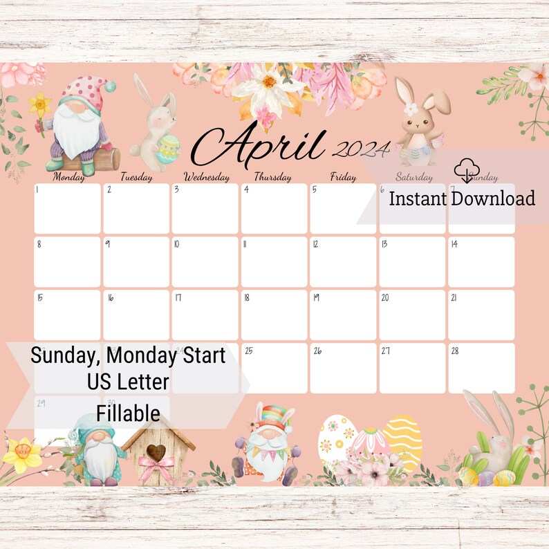 EDITABLE April 2024 Calendar, Happy Easter Day, Cute Gnomes & Bunny