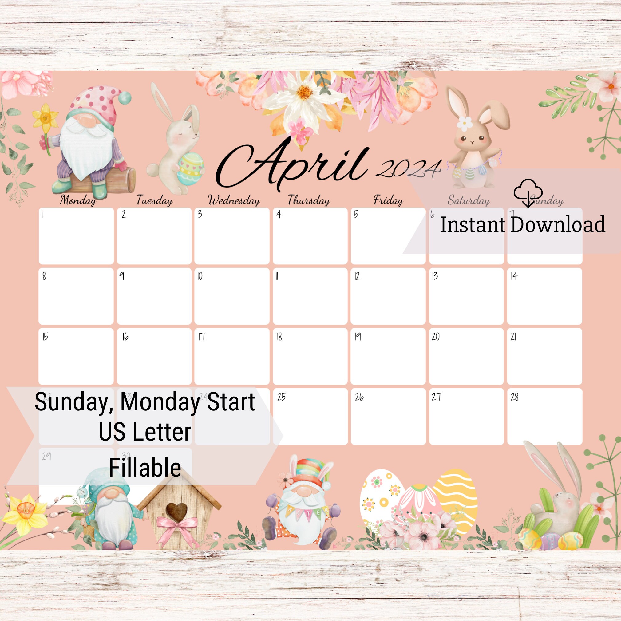 EDITABLE April 2024 Calendar, Happy Easter Day, Cute Gnomes & Bunny