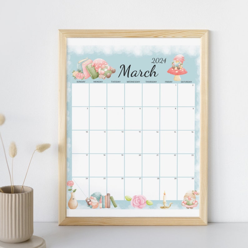 EDITABLE March 2024 Calendar, Fillable Calendar, Cute Gnomes, Happy St