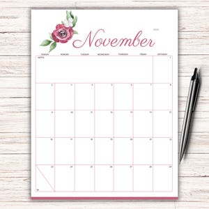 EDITABLE November 2025 Calendar, Printable November Planner, Fillable Monthly Schedule, Homeschool Calendar, Beautiful Watercolor Flower