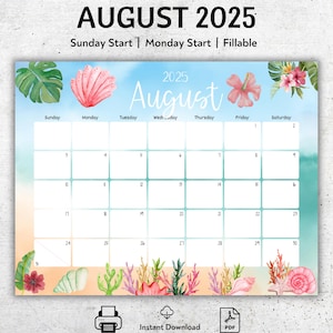August 2025 Calendar Printable, Beach Theme Monthly Planner, Editable PDF Template, Sunday or Monday Start, Instant Download
