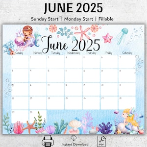 EDITABLE June 2025 Calendar, Wonderful Summer with Cute Sea Creatures, Printable  Planner, Fillable June Calendar, Kids School Work Schedule