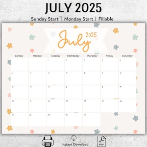 EDITABLE July 2025 Calendar, July Monthly Planner, Printable Homeschool Planner, Fillable Calendar, Vacation Planner, Summer Planner