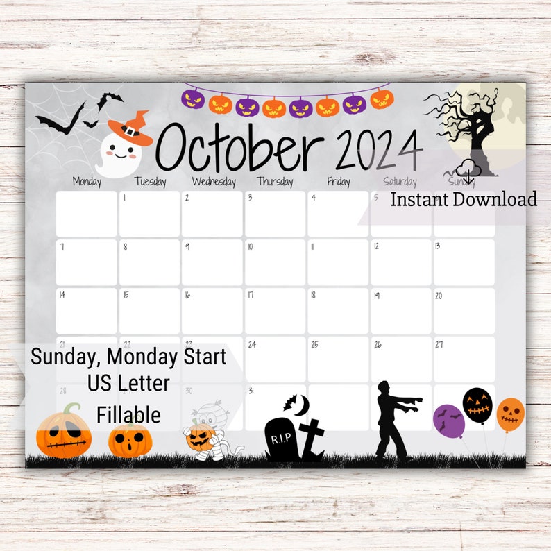 EDITABLE October 2024 Calendar, Happy Halloween, Pretty Ghost, Cute