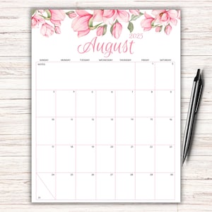 Printable 2025 August Calendar, Editable August 2025 Planner, Monthly Schedule, Pink Flowers, Fillable Calendar, Kids Calendar School
