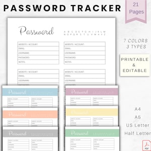 Printable Password Organizer, Password Log, Password Tracker, Password Keeper, Password List Keeper, Journal, Editable PDF, A4, A5, Letter
