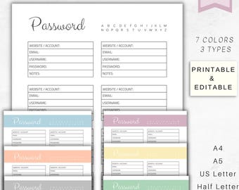Printable Password Organizer, Password Log, Password Tracker, Password Keeper, Password List Keeper, Journal, Editable PDF, A4, A5, Letter