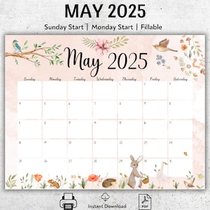 EDITABLE May 2025 Calendar, Printable May 2025 Calendar, Fillable Planner, Kids Weekly Schedule, Cute Birds, Pastel Colors, Beautiful Spring