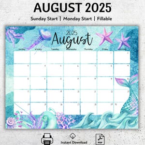 EDITABLE August 2025 Calendar, Beautiful Blue Sea, Starfish, Jellyfish, Printable Vacation Planner, Simple Organizer, Instant Download