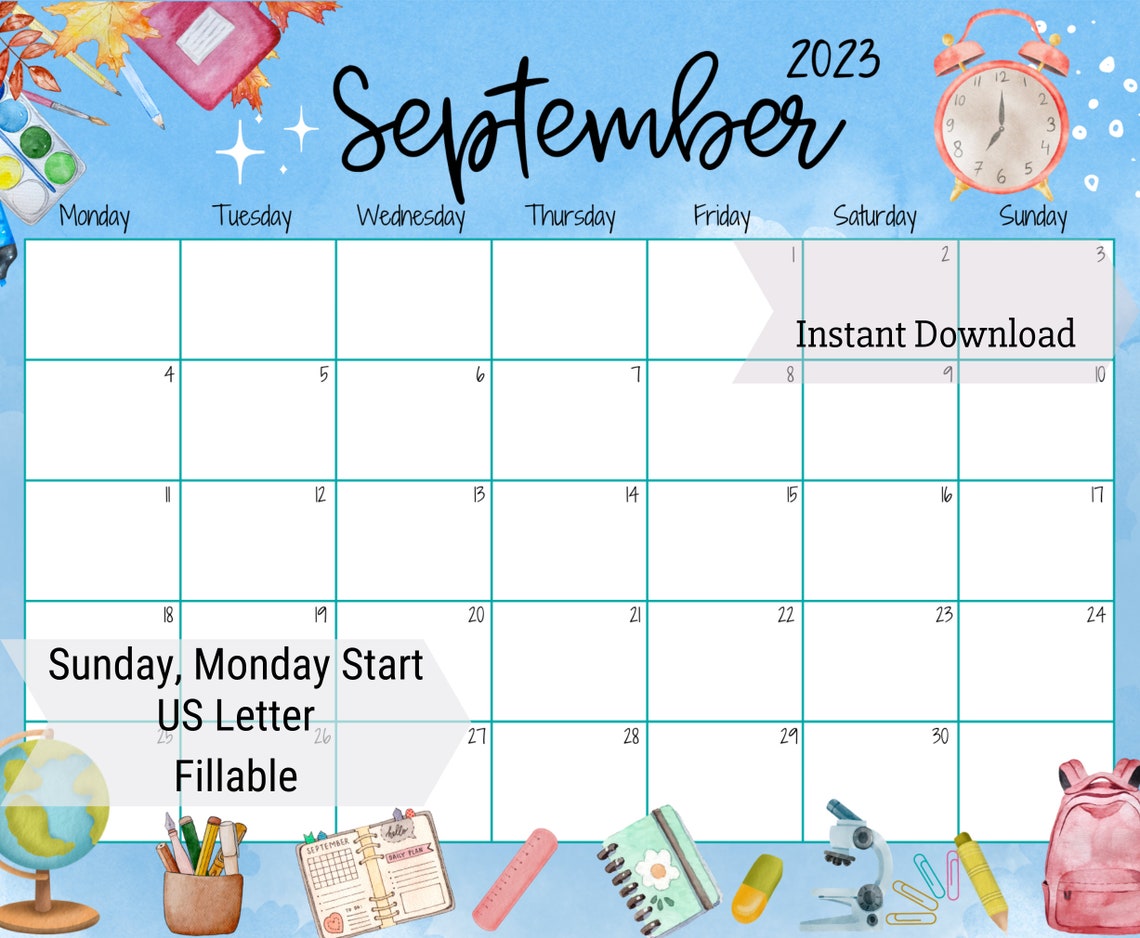 EDITABLE September 2023 Calendar, School Time, Back to School