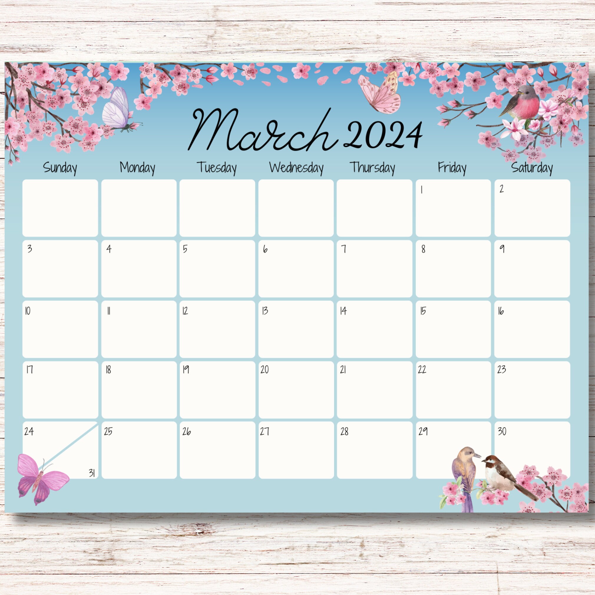Editable 2024 March Calendar, Beautiful Spring, Cute Birds, Butterflies ...