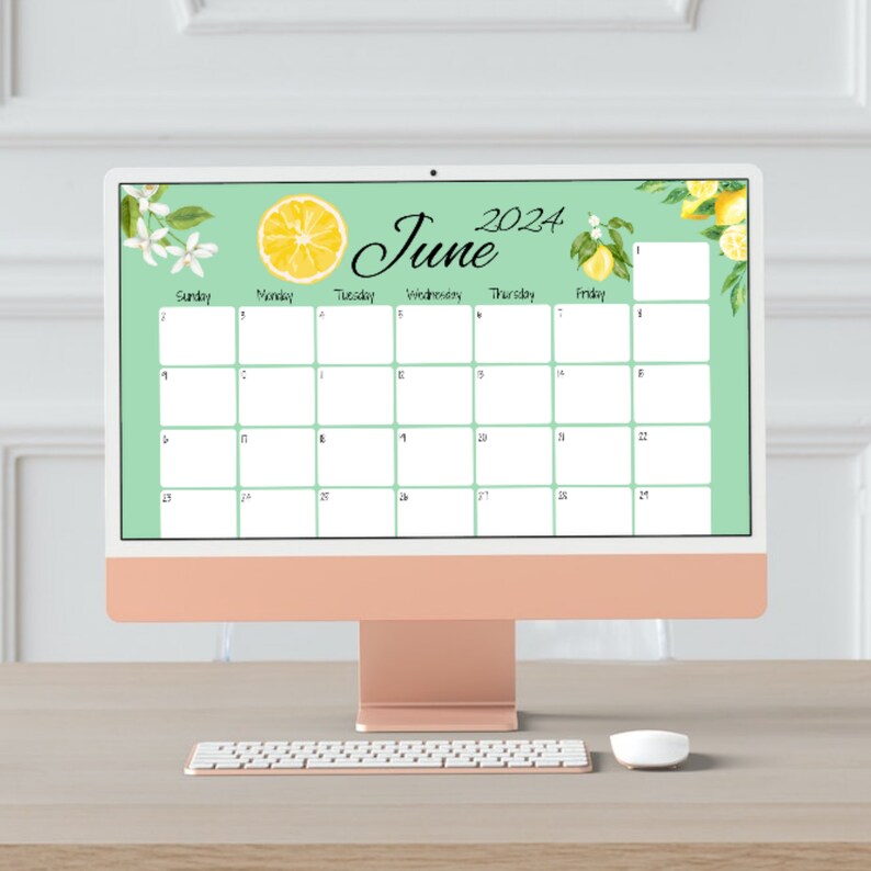 EDITABLE June 2024 Calendar, Yellow Lemons, Delicious Ice Creams, Green