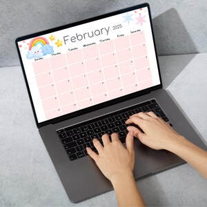EDITABLE February 2025 Calendar, Beautiful Rainbow, Cute Clouds