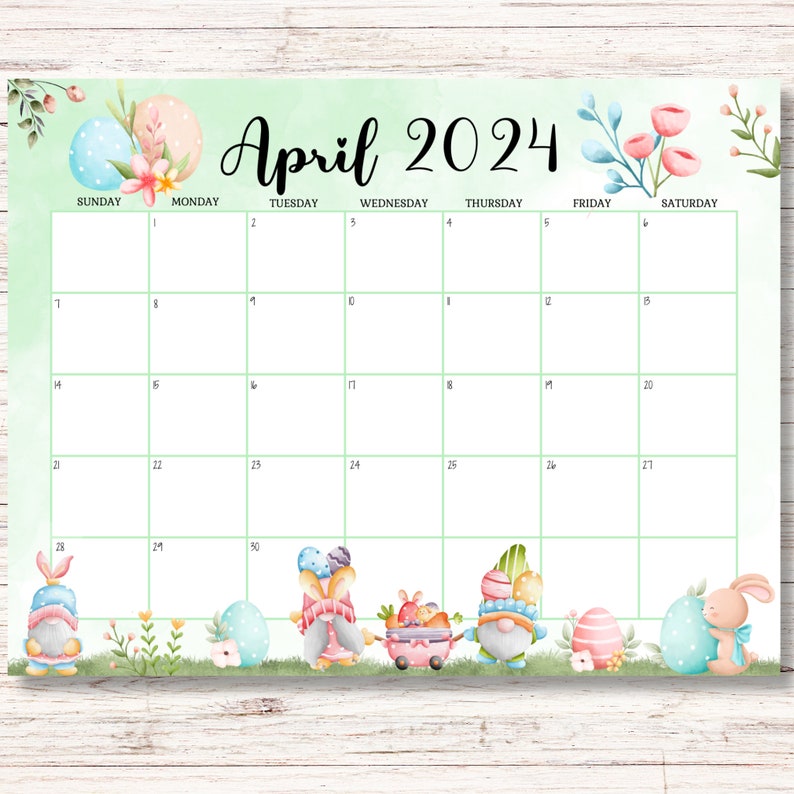 EDITABLE April 2024 Calendar, Homeschool Planner, Happy Easter Day With Cute Gnomes, Printable