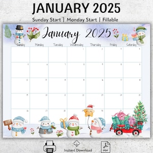 EDITIERBARER Kalender für Januar 2025, schöner Winter, glückliche Schneemänner, neues Jahr, druckbarer befüllbarer Kalenderplaner, monatlicher Stundenplan für Kinder