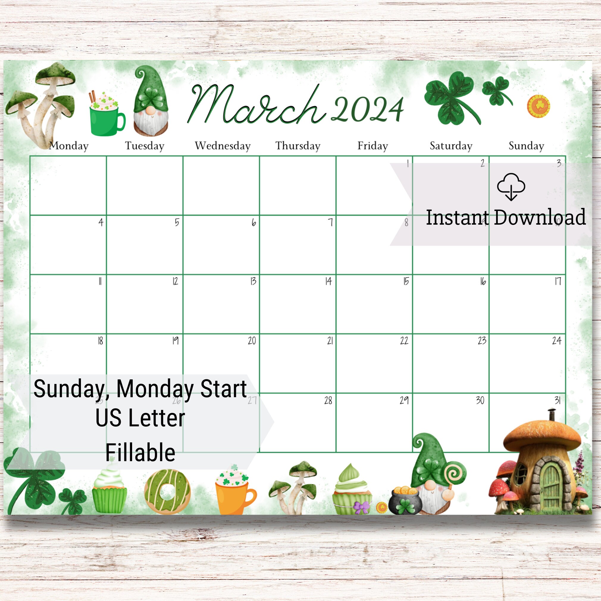 EDITABLE March 2024 Calendar, Printable Fillable Calendar Planner, Mushrooms, Green Shamrock, Happy St. Patrick's Day, Instant Download, PDF - Etsy