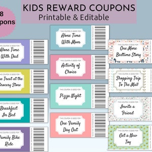 Cupones de recompensa para niños imprimibles, cupones de recompensa editables, recompensas precargadas, plantilla editable en blanco, A4, carta de EE. UU.