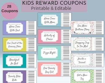 Printable Kids Reward Coupons, Editable Reward Coupons, Pre-Filled Rewards, Blank Editable Template, A4, Us Letter.