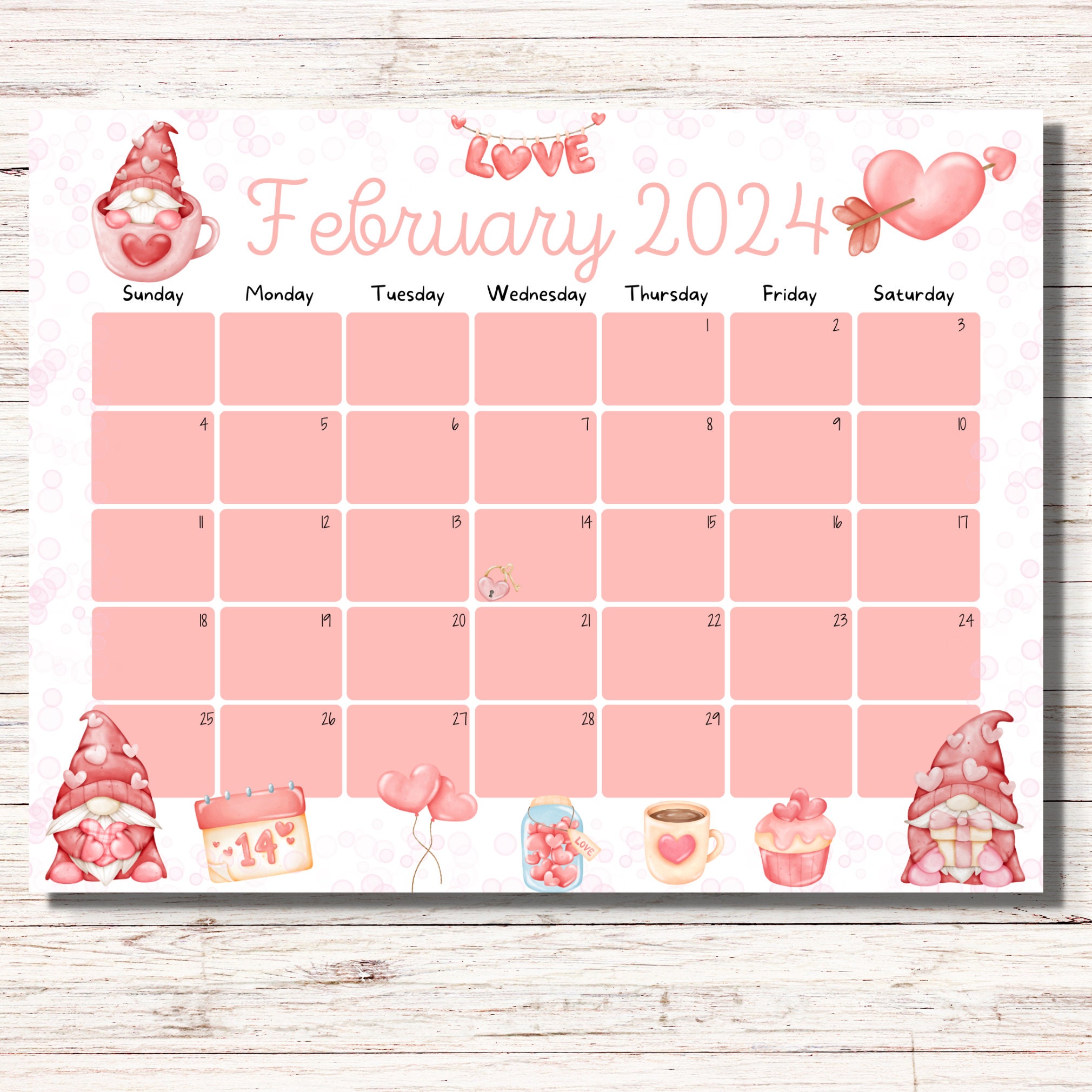 EDITABLE February 2024 Calendar, Homeschool Calendar, Valentine's Day