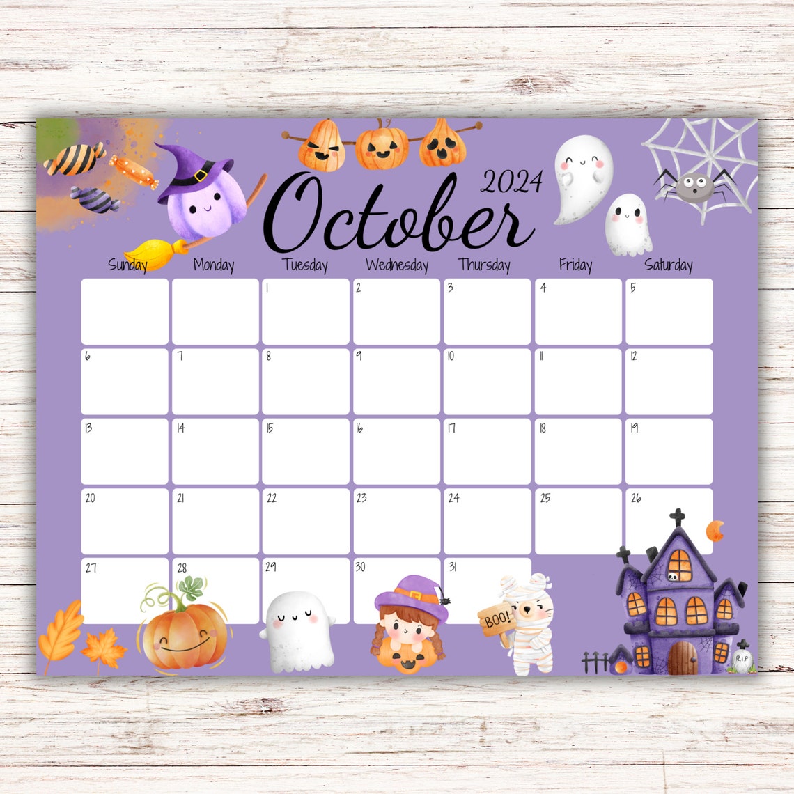 Editable October 2024 Calendar, Happy Halloween, Pretty Ghost, Cute 