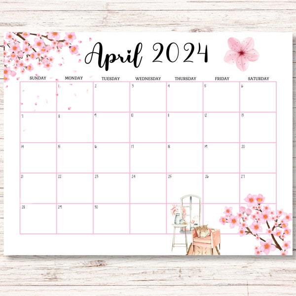 EDITABLE April 2024 Calendar, Printable April Planner, Fillable Calendar, Homeschool Planner, Academic Planner, Beautiful Pink Flowers