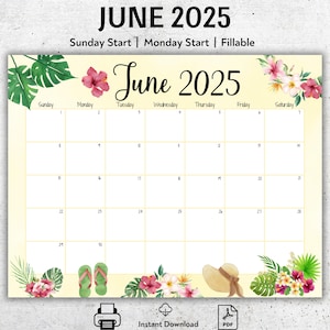Calendario de junio de 2025 imprimible con temática tropical, opciones de inicio en domingo y lunes, formato de carta de EE. UU. para rellenar en formato PDF, descarga instantánea, planificador editable