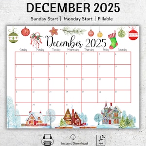 EDITABLE December 2025 Calendar, Happy Christmas, Snowy Houses, Printable Fillable Monthly Planner, Kids Weekly Schedule, Classroom Calendar