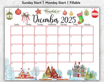 EDITABLE December 2025 Calendar, Happy Christmas, Snowy Houses, Printable Fillable Monthly Planner, Kids Weekly Schedule, Classroom Calendar