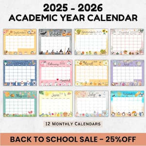 2025 2026 Akademischer Kalender zum selbst ausdrucken, druckbarer Monatskalender PDF, Süßer Kinderkalender, Ausfüllbarer Monatskalender, Sonntag, Montag Start, Sofort-Download