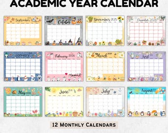 2025 2026 Academic Calendar Bundle, Printable Monthly Calendar PDF, Cute Kids Calendar, Fillable PDF, Sunday, Monday Start, Instant Download