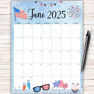 EDITABLE June 2025 Calendar, Long Live America, 2025 Summer Calendar,  Fillable June Calendar, Printable 2025 June Planner, Wonderful Summer