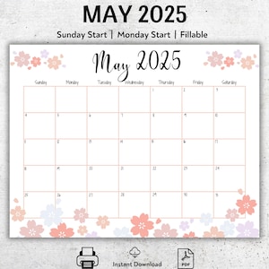 EDITABLE May 2025 Calendar, Colorful Flowers, Beautiful Spring, Printable May Calendar, Fillable, Kids Weekly Schedule, Simple Design, PDF