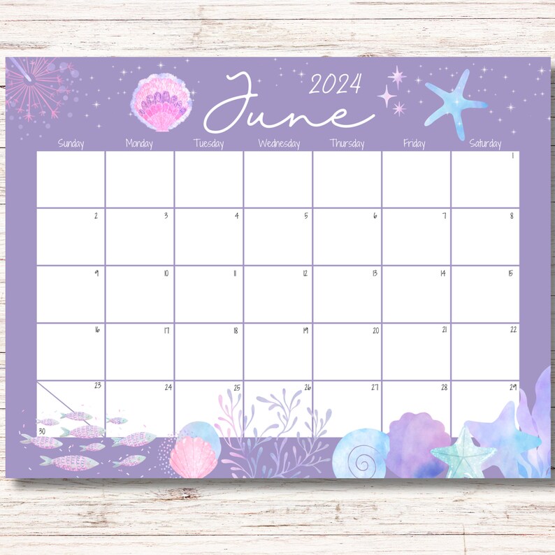 EDITABLE June 2024 Calendar, Colorful Pearls Starfishes Fishes, Purple