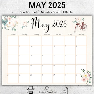 Editable 2025 May Planner, Printable May Calendar, Homeschool Monthly Planner, Minimalist May Organizer, Sunday, Monday Start, Fillable PDF