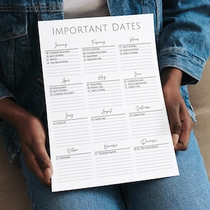Important Dates Tracker, Printable Calendar, Birthday & Anniversary Tracker, Yearly Special Dates Organizer, Elegant Monthly Reminder Sheet