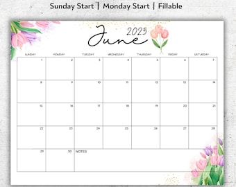 EDITABLE June 2025 Calendar, Printable June Calendar, Pink and Purple Beautiful Tulips, Fillable June Planner, June Monthly Schedule