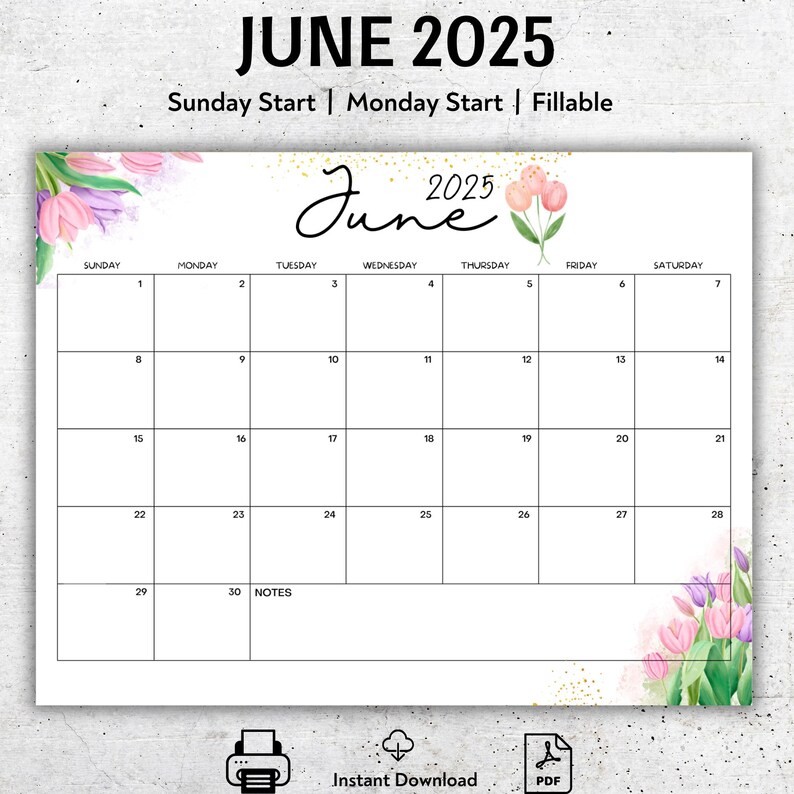 EDITABLE June 2025 Calendar, Printable June Calendar, Pink and Purple Beautiful Tulips, Fillable ...
