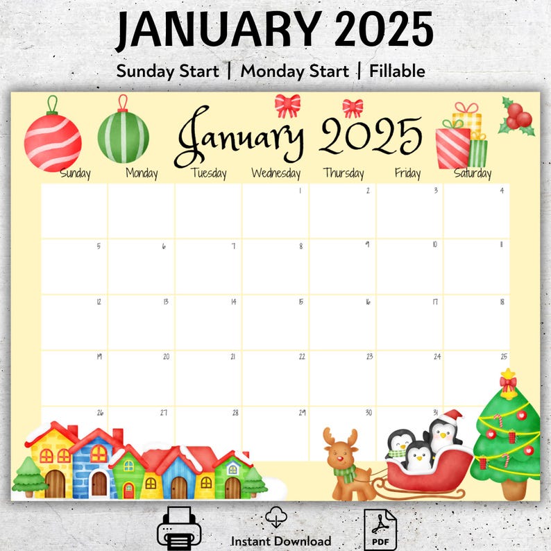 EDITABLE January 2025 Calendar, Fillable Calendar, Cute Penguins, Happy