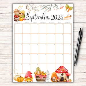 Calendario stampabile di settembre 2025 con grazioso design di gnomi autunnali, agenda universitaria, calendario per la scuola domestica, bellissima zucca, graziosi gnomi
