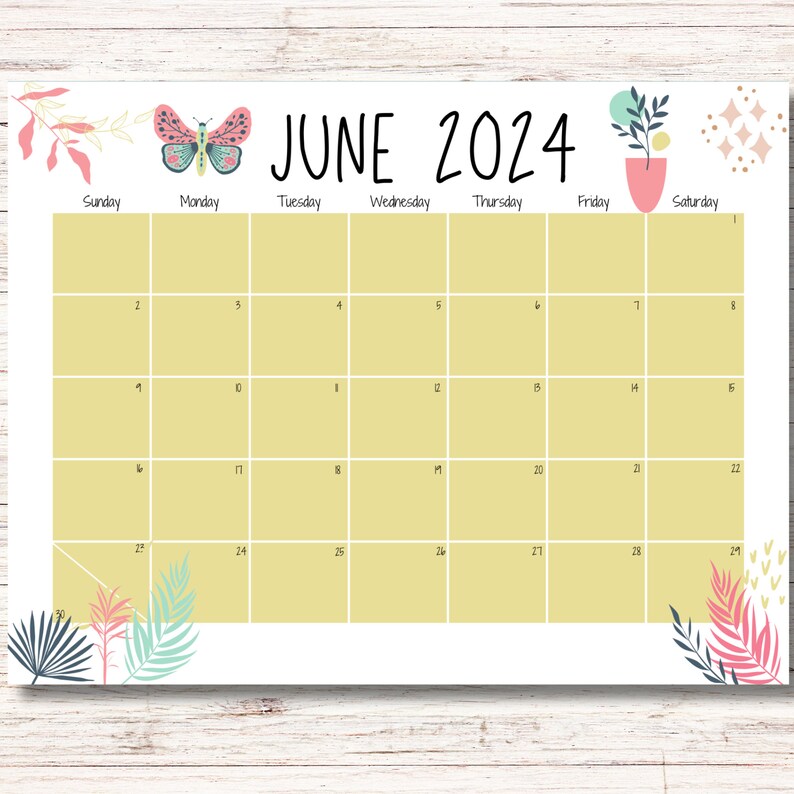 EDITABLE June 2024 Calendar, Beautiful Flowers and Butterfly, Printable