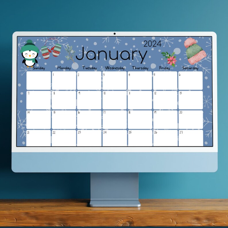 EDITABLE January 2024 Calendar, Beautiful Winter, Snowmen and Penguins