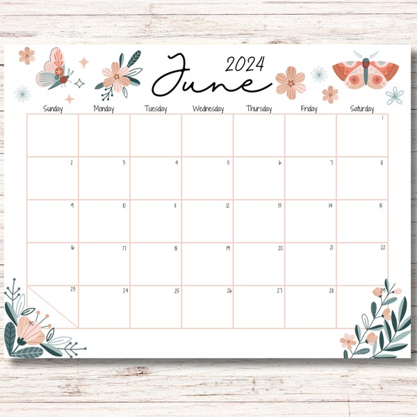 EDITABLE June 2024 Calendar, Boho Style, Beautiful Flowers and Butterflies, Printable Fillable Calendar Planner, Monthly Schedule, Download