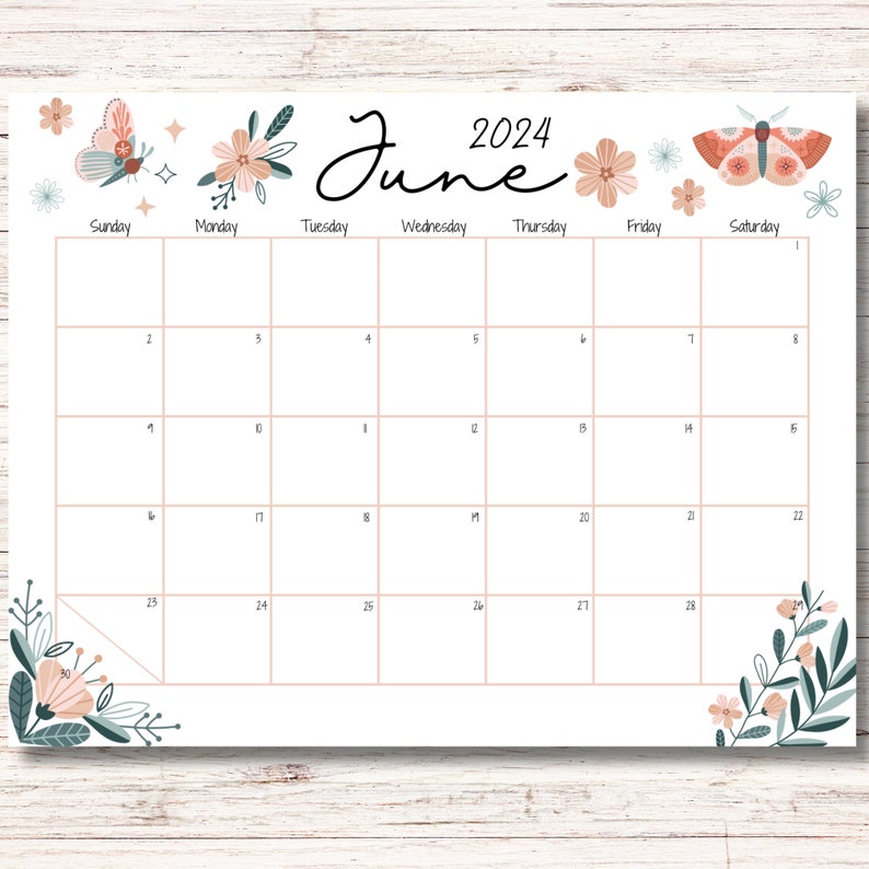 EDITABLE June 2024 Calendar, Boho Style, Beautiful Flowers and